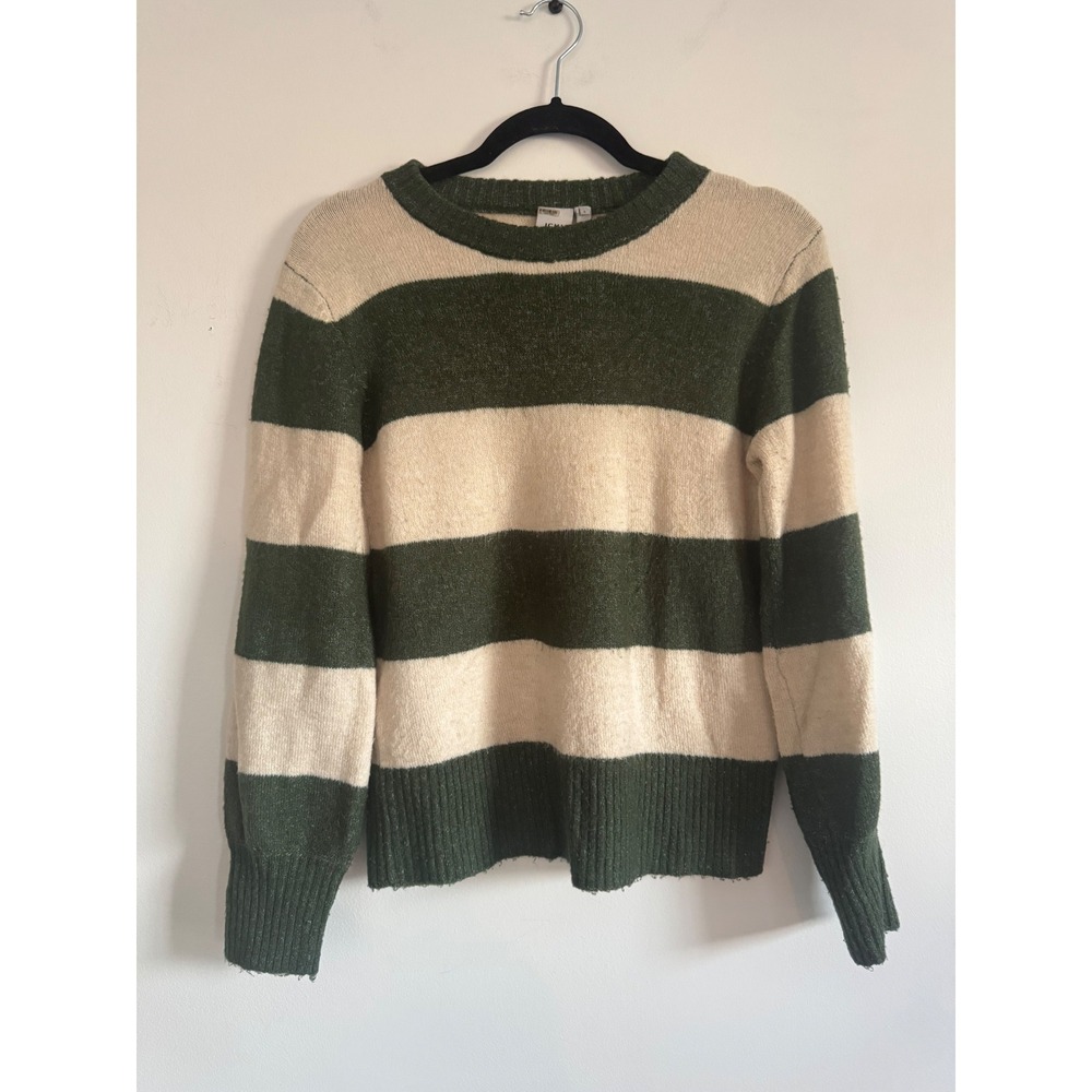 ICHI Women's Small Striped Sweater Green Cream Crewneck Knit Pullover Nordic